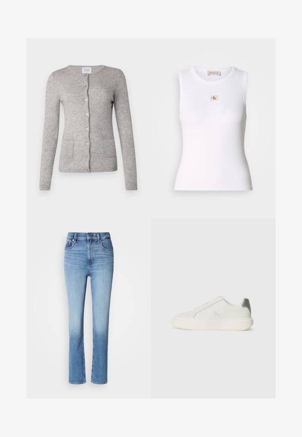 Grijze cashmere cardigan met een ronde halslijn, lange mouwen, knoopsluiting en twee voorzakken. Zachte textuur met een klassieke pasvorm.; Wit geribd mouwloos tanktop met Calvin Klein Jeans-label op de borst en binnenhalslabel.; Blauwe denim jeans met hoge taille, rechtvallende pasvorm, vervaagde kleurverloop en vijf-pocketstijl. Metalen knoop en ritssluiting.; Witte sneaker van leer met een gladde textuur, featuring een zilveren accent op de hiel, een platte zool en een minimalistisch ontwerp.