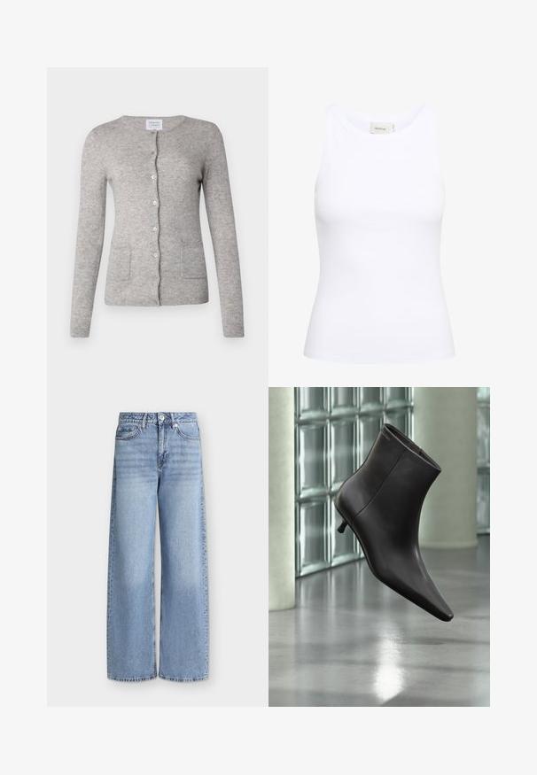 Grijze cashmere cardigan met een ronde halslijn, lange mouwen, knoopsluiting en twee voorzakken. Zachte textuur met een klassieke pasvorm.; Witte geribde tanktop met een ronde halslijn en zonder mouwen. Rekbaar materiaal en een aansluitend ontwerp. Het label op de achterkant zegt "GESTUZ."; Lichtblauwe jeans met wijde pijpen, voorzakken, riemlussen, knoopsluiting en vervaagde details op de dijen.; Zwarte leren enkellaars met puntige neus en lage hak, afgebeeld tegen een glazen blokkenmuur en gepolijste vloer op de achtergrond.