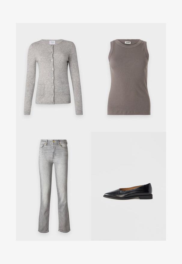 Grijze cashmere cardigan met een ronde halslijn, lange mouwen, knoopsluiting en twee voorzakken. Zachte textuur met een klassieke pasvorm.; Grijze geribbelde tanktop met een ronde halslijn en mouwloos ontwerp, gemaakt van een zachte, gestructureerde stof. Eenvoudige, getailleerde silhoutte.; Grijze denim jeans met een rechte pijp, voorzien van een voorste knoopsluiting, vijf zakken en subtiele vervaging voor textuur.; Zwarte leren platte schoen met een puntige neus en een lage, vierkante hak. Gladde textuur, minimalistisch ontwerp, zonder zichtbare sieraden of patronen.
