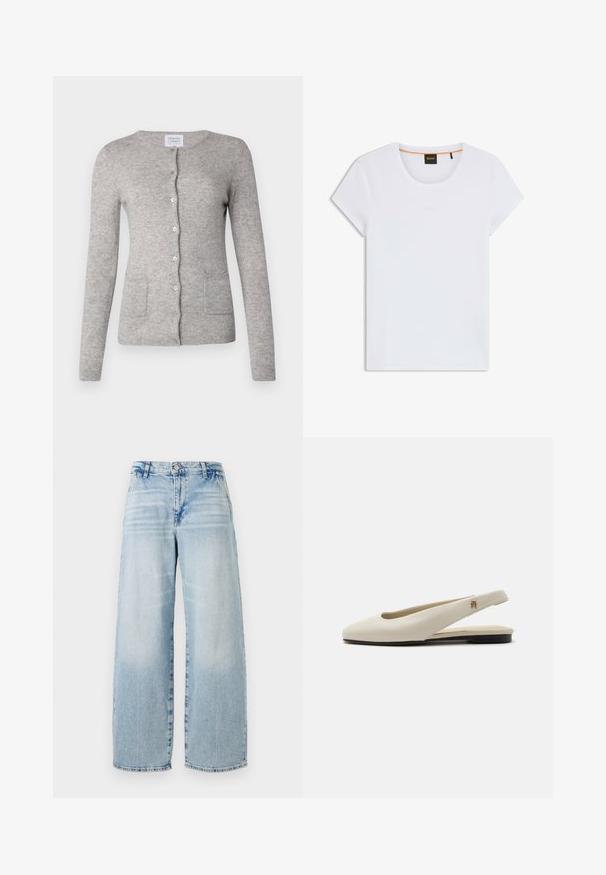 Vihreä kashmir-neulecardigan, jossa on pyöreä pääntie, pitkät hihat, nappikiinnitys ja kaksi etutaskua. Pehmeä rakenne klassisella istuvuudella.; Valkoinen lyhythihainen pyöreäkauluksinen T-paita, jossa on ribbineulos ja musta BOSS-merkki kauluksen sisäpuolella oranssilla reunuksella.; Vaaleansiniset farkut, joissa on leveät lahkeet ja korkea vyötärö, hienovarainen kulutusedustus, raaka helma ja klassinen viiden taskun muotoilu.; Kermanvärinen nahkainen slingback-tasapohjakenkä, jossa pyöreä kärki ja pieni kullanvärinen merkki remmissä.