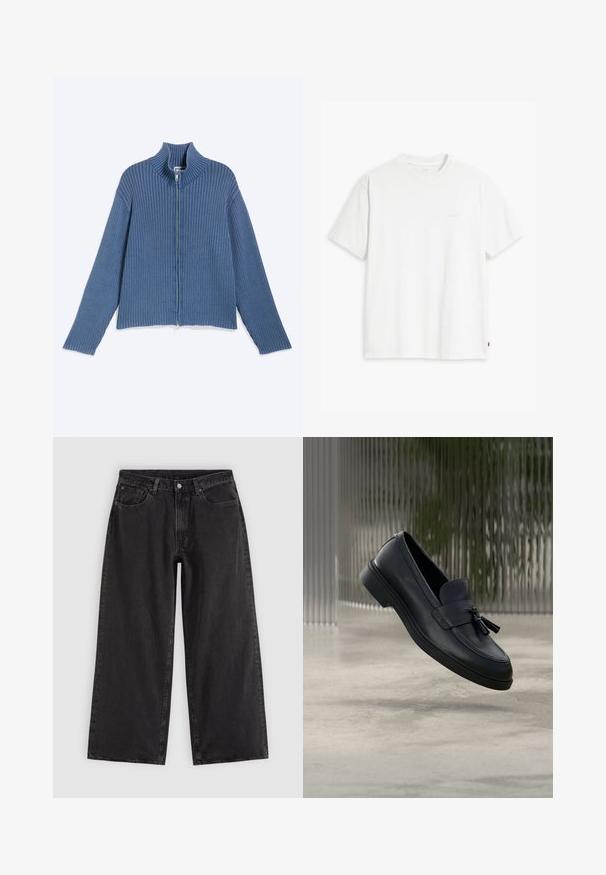 Suéter azul de punto acanalado con cremallera, mangas largas y cuello alto, colocado plano sobre un fondo claro.; Camiseta de algodón blanca con mangas cortas, cuello redondo y un sutil logo "Levi's" impreso en color claro en la parte frontal.; Vaqueros negros de pierna ancha con bolsillos delanteros, trabillas para cinturón y cierre de botones, mostrados sobre un fondo liso y claro.; Mocasines de cuero negro con textura suave, punta redondeada y borlas decorativas en el frente. Suela de goma flexible con tacón bajo.