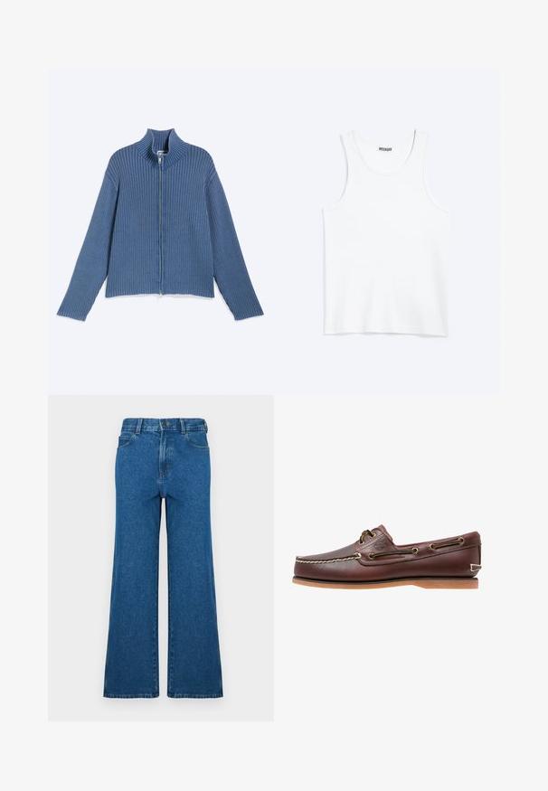 Pull zippé bleu en maille côtelée avec manches longues et col montant, posé à plat sur un fond clair.; Débardeur blanc sans manches avec col rond et étiquette de la marque Weekday à l'intérieur du col arrière, présenté à plat sur un fond clair.; Jean à jambes larges en denim bleu. Présente un design classique à cinq poches, une fermeture par bouton et une texture délavée. Ourlet droit avec des détails de couture subtils.; Chaussure bateau en cuir marron avec coutures blanches, détails de lacets et semelle en caoutchouc beige, vue de côté sur fond blanc.