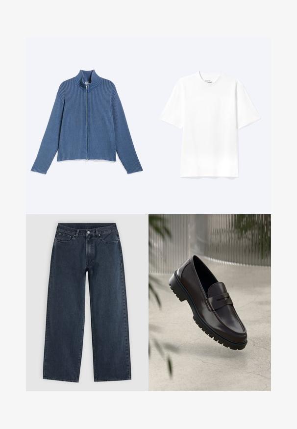 Blue ribbed knit zip-up sweater with long sleeves and a high collar, laid flat on a light background.; Plain white short-sleeve crew neck T-shirt with a relaxed fit, displayed on a light background.; Dark blue wide-leg jeans with five pockets, belt loops, button closure, and zip fly, displayed flat on a light background.; Brown leather loafers with a textured, ridged rubber sole. Features a sleek design and a decorative strap over the instep.