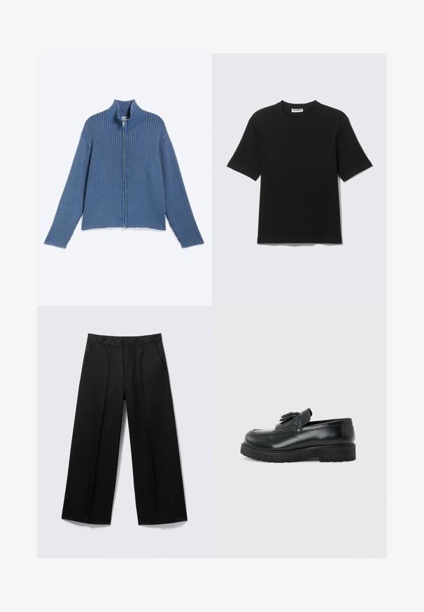 Blue ribbed knit zip-up sweater with long sleeves and a high collar, laid flat on a light background.; Black short-sleeve crew neck T-shirt with a "WEEKDAY" label on the inside collar, displayed flat on a light background.; Black wide-leg trousers with belt loops, front pockets, and a zip fly, displayed on a light gray background.; Black leather loafer with tassels, thick rubber sole, and low heel, shown in side profile on a plain background.