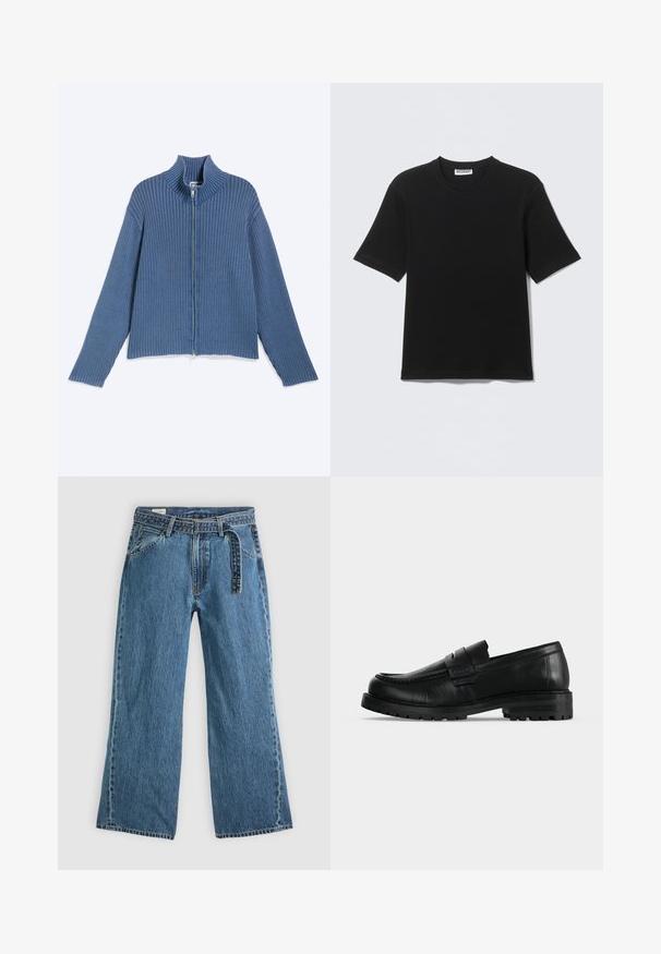 Suéter azul de punto acanalado con cremallera, mangas largas y cuello alto, colocado plano sobre un fondo claro.; Camiseta negra de manga corta con cuello redondo y etiqueta "WEEKDAY" en el interior del cuello, mostrada plana sobre un fondo claro.; Pantalones vaqueros de mezclilla azul de pierna ancha con cinturón adjunto, bolsillos frontales y costuras visibles sobre un fondo claro y liso.; Mocasín negro de cuero con suela gruesa y costura moc toe mostrado de perfil sobre un fondo claro y liso.