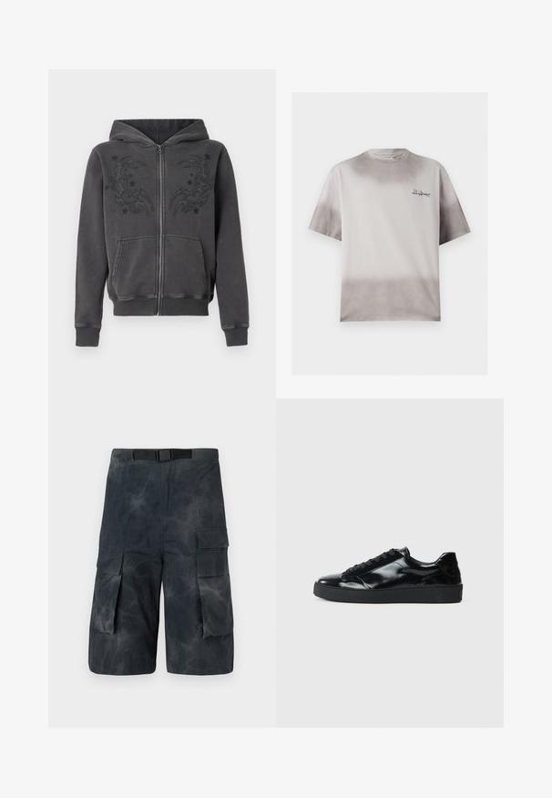 Sweat à capuche zippé gris foncé avec poches avant et motif brodé de lune et d’étoiles tribales sur la poitrine.; T-shirt gris clair à manches courtes avec un dégradé gris plus foncé en haut et en bas, petit logo texte noir sur la poitrine gauche.; Shorts cargo gris foncé avec poches latérales et ceinture noire intégrée, présentant une texture légèrement froissée.; Baskets en cuir verni noir avec un bout arrondi, un laçage, une semelle en caoutchouc texturé et une finition lisse.