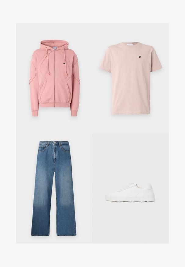 Lyserød zip-hættejakke lavet af blødt stof, med ribbede manchetter, kant og dekorativ syning langs ærmerne og foran. Justerbare hætte-snore.; Lyserød kortærmet T-shirt lavet af blødt stof. Har et lille sort hexagonalt logo på venstre bryst. Lige snit design.; Bredde ben blå denim jeans med et klassisk fem-lomme design, frontlukning med knap og let falming for tekstur.; Hvid sneaker med en glat læderoverdel, rund tå, snørebånd, teksturerede sideaccenter og en tyk gummisål. Minimalistisk design.
