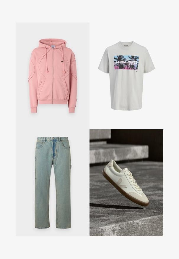 Lyserød zip-hættejakke lavet af blødt stof, med ribbede manchetter, kant og dekorativ syning langs ærmerne og foran. Justerbare hætte-snore.; Hvid kortærmet T-shirt med frontprint af palmetræer i blå og pink solnedgangsfarver, stort JACK & JONES-tekst over brystet.; Lys blå, løstsiddende denimjeans med fem lommer, knaplukning og synlige syninger. Stoffet har et falmet, tekstureret udseende.; Hvide læder sneakers med tanfarvet gummisål, flade snørebånd og V-formet detalje på siden. Har en glat overflade og minimale syninger.