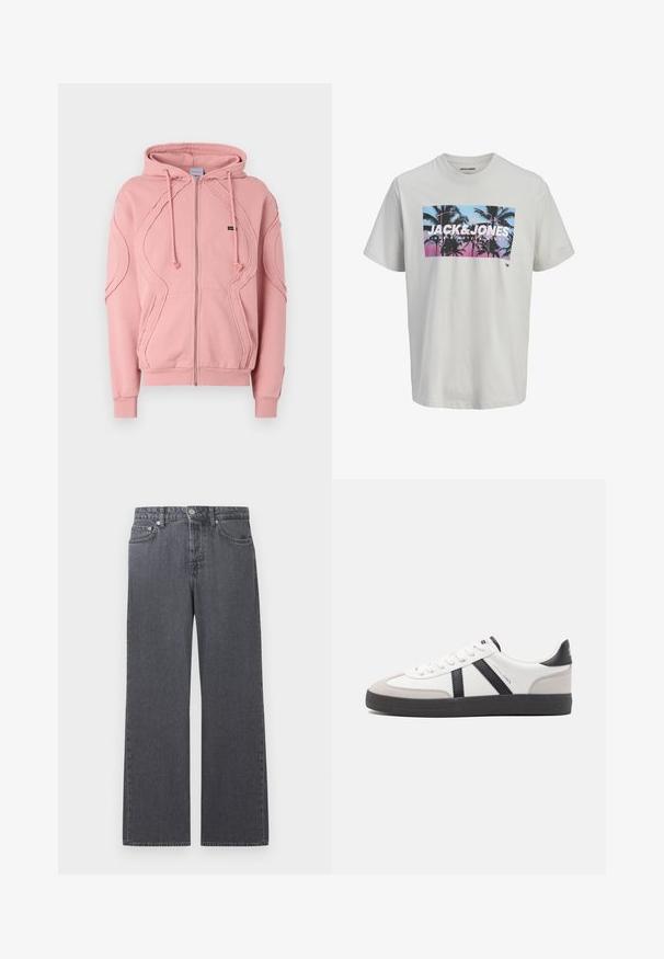 Lyserød zip-hættejakke lavet af blødt stof, med ribbede manchetter, kant og dekorativ syning langs ærmerne og foran. Justerbare hætte-snore.; Hvid kortærmet T-shirt med frontprint af palmetræer i blå og pink solnedgangsfarver, stort JACK & JONES-tekst over brystet.; Mørkegrå denimjeans med lige ben og højtaljet talje, med frontknap, lynlås og fem-lomme design mod hvid baggrund.; Hvide sneakers med sorte og grå detaljer, med en tekstureret grå tåhætte, sort gummisål og flade hvide snørebånd. Rent design, minimalistisk stil.