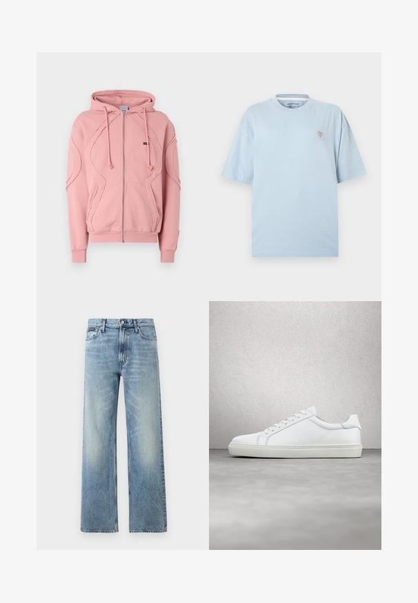 Lyserød zip-hættejakke lavet af blødt stof, med ribbede manchetter, kant og dekorativ syning langs ærmerne og foran. Justerbare hætte-snore.; Lyseblå T-shirt med korte ærmer og rund hals, med lille rødt og hvidt trekantet Guess Jeans-logo på venstre bryst.; Lyseblå denim jeans med lige ben, højt talje, fem lommer, knaplukning og diskrete falmede områder på lår og knæ.; Hvide sneakers med en glat læderoverdel og lav profil. Har en rund tå, seks snørehuller og en tekstureret gummisål.
