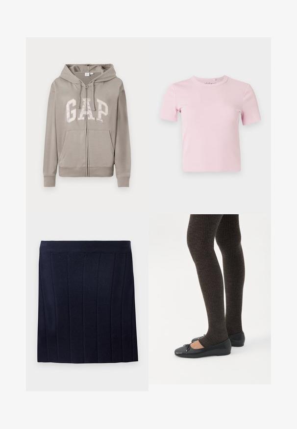 Lyst grå zip-up hættejakke med frontlommer, snorhætte og stort "GAP" logo på brystet i fed skrift.; Lyserød kortærmet, ribstrikket t-shirt med rund halsudskæring og en tætsiddende pasform. Stoffet har en blød tekstur og sparsomme detaljer.; Object OBJTHESS - Mini skirts - sky captain; Ben iført mørke ribbede leggings kombineret med sorte balletsko med små sløjfedetaljer på hvid baggrund.