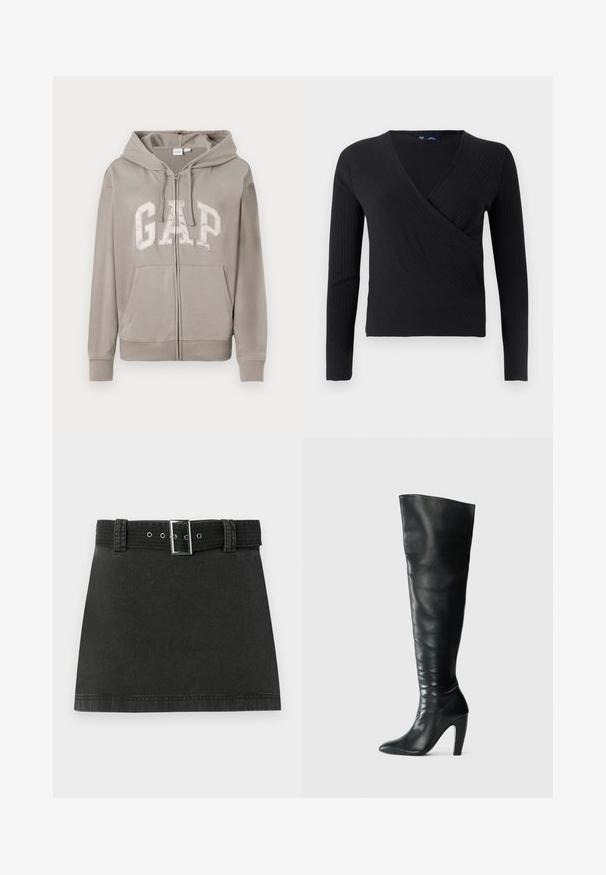 Lichtgrijze zip-up hoodie met voorzakken, capuchon met trekkoord en groot "GAP" logo over de borst in vetgedrukte letters.; Zwart geribd wikkelshirt met lange mouwen, een V-halsontwerp en een aansluitende pasvorm. Zachte textuur en minimalistische stijl.; Zwarte denim mini-jurk met een bijpassende riem met metallic gesp en riemlussen, plat weergegeven op een witte achtergrond.; Zwarte leren laarzen tot boven de knie met een aansluitend ontwerp, spitse neus en een hoge hak. Gladde textuur en minimalistische stijl.