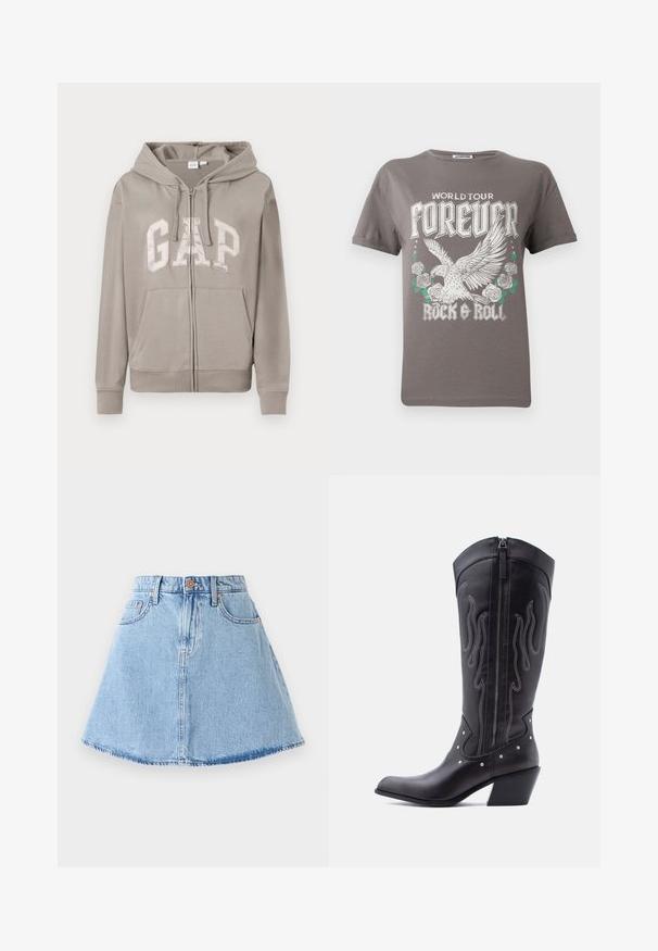 Lyst grå zip-up hættejakke med frontlommer, snorhætte og stort "GAP" logo på brystet i fed skrift.; Grå bomulds t-shirt med et stort grafisk motiv af en ørn og roser, med teksten "WORLD TOUR FOREVER ROCK & ROLL" i fed hvid skrift.; Denim A-line nederdel i lyseblå med frynset kant, fem lommer og knaplukning. Har kobberfarvet hardware og diskrete syninger.; Sorte cowboystøvler i læder med spids tå, synlige sømme, sølvfarvede nitte-detaljer og lynlås på den indvendige side.