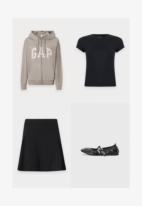 Lyst grå zip-up hættejakke med frontlommer, snorhætte og stort "GAP" logo på brystet i fed skrift.; Simpel sort kortærmet t-shirt med rund hals, tætsiddende pasform og diskret mærkat med mærkenavn inde i kraven på hvid baggrund.; Sort A-formet nederdel med lette læg i siderne, flad linning og glat stofftekstur.; Sorte læder flade sko med spids tå, samling detaljer omkring åbningen, og en sølv spænde accent på den justerbare rem.