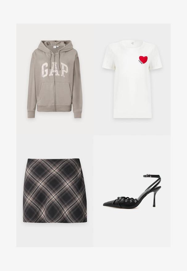 Lichtgrijze zip-up hoodie met voorzakken, capuchon met trekkoord en groot "GAP" logo over de borst in vetgedrukte letters.; Witte T-shirt met korte mouwen met een rode hart en het woord "AMOUR" gedrukt op de linkerkant van de borst.; Zwart en beige geruite minirok met diagonaal geblokt patroon, aansluitende taille en een gladde stoftextuur.; Zwarte pumps met hoge hak en spitse neus, gegolfde randen, metalen oogjes, vetergespsluiting aan de voorzijde en enkelriem met gespsluiting.