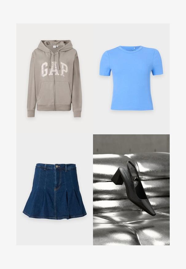 Lichtgrijze zip-up hoodie met voorzakken, capuchon met trekkoord en groot "GAP" logo over de borst in vetgedrukte letters.; Lichtblauw geribd T-shirt met korte mouwen en een ronde hals, met een getailleerde pasvorm en een gladde textuur. Geen zichtbare patronen of accenten.; Donkerblauwe denim rok met een geplooid ontwerp, vijf zakken, een sluiting met een knoop aan de voorkant en contrasterende stiksels.; Zwarte slingback hak met een puntige neus, voorzien van een getextureerd oppervlak en een stevige blokhak. Geplaatst tegen een glanzende, metallic achtergrond.
