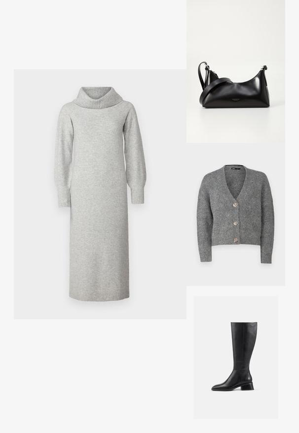 ONLY Petite ONLZOEY CARDIGAN - Vest - dark grey melange; Grijs gebreid jurkje met een colkraag, lange pofmouwen en geribbelde manchetten en zoom. De stof lijkt zacht en heeft een gestructureerde textuur.; Zwarte leren laars tot de knie met een ronde neus en een lage blokhak. Heeft een gladde textuur en minimale stikdetails.; Zwarte leren handtas met een gladde textuur. Beschikt over een verstelbare schouderband en een strak, minimalistisch ontwerp met een ritssluiting.