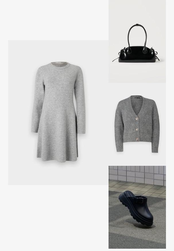 ONLY Petite ONLZOEY CARDIGAN - Strickjacke - dark grey melange; Graues Langarmkleid aus weichem Stoff; verfügt über einen runden Ausschnitt und eine lockere Passform, die am Saum leicht ausgestellt ist und seitliche Schlitze aufweist.; Schwarzer Slip-on-Clog mit dicker profilierten Sohle und verstellbarem Riemen, über Asphalt positioniert, mit gefliester Wand im Hintergrund.; Kleine schwarze glänzende Handtasche mit zwei langen Griffen und seitlichen Kordelzug-Details vor einfachem hellem Hintergrund.