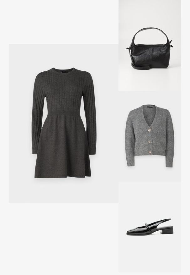 ONLY Petite ONLZOEY CARDIGAN - Vest - dark grey melange; Donkergrijze gebreide jurk met ribbelstructuur, lange mouwen, ronde hals en een aansluitende bovenkant die uitloopt in een rok.; Zwarte lakleren slingback schoen met een lage blokhak en een dunne band met zilveren gesp bovenop.; Zwarte leren handtas met een gestructureerd ontwerp, een ronde bovenhandgreep en een afneembare schouderriem. Beschikt over een gladde textuur en een subtiele glans.