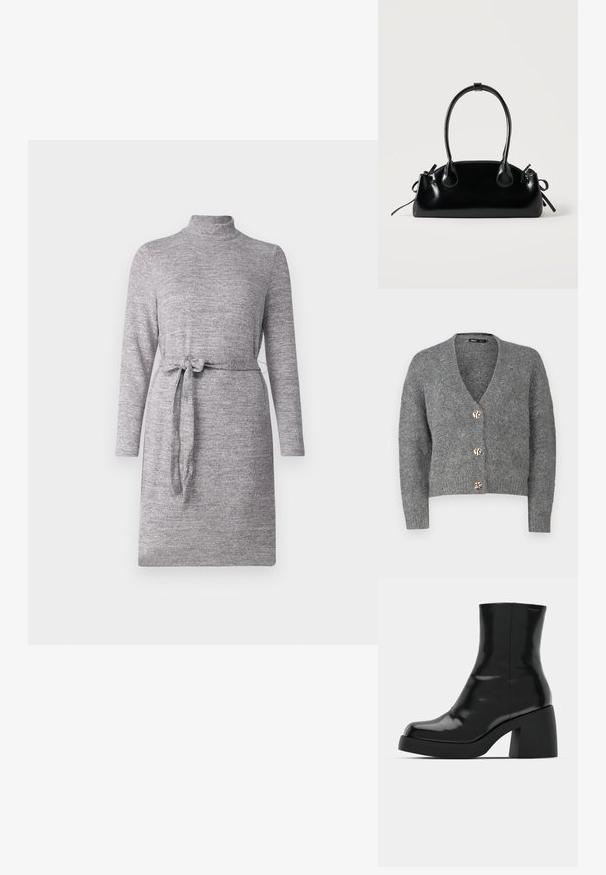 ONLY Petite ONLZOEY CARDIGAN - Kardigán - dark grey melange; Sivý pletený šaty s vysokým golierom, dlhými rukávmi a viazaným pásom. Hladká textúra a jednotná farba bez vzorov.; Čierne členkové topánky s lesklým povrchom, štvorcovou špičkou a širokým blokovým opätkom. Dizajn sa vyznačuje bezšvovou siluetou a minimálnym brandingom.; Malá čierna lesklá kabelka s dvoma dlhými rúčkami a bočnými šnúrkovými detailmi na jednoduchom svetlom pozadí.
