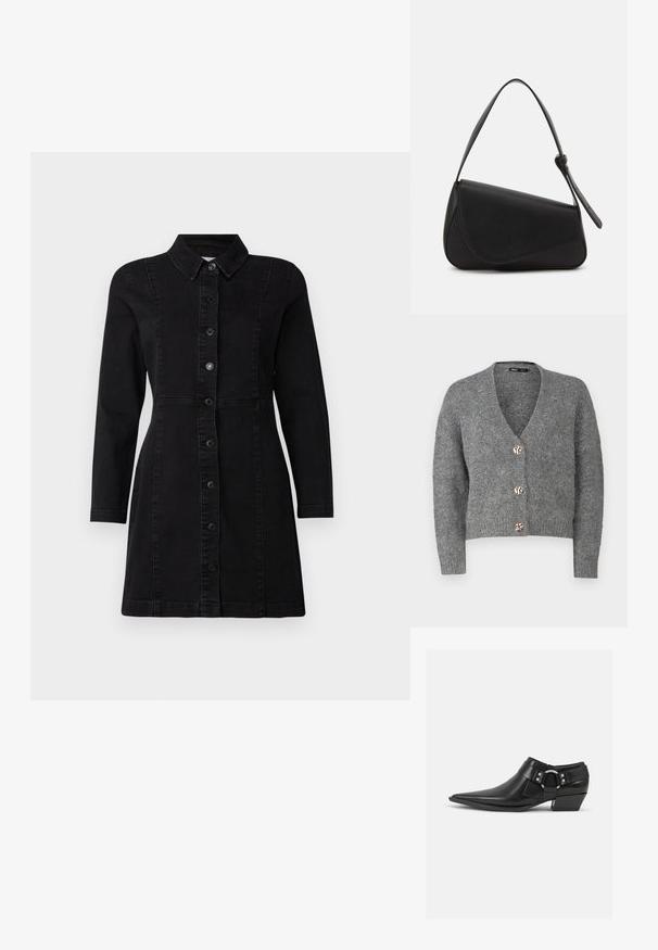 ONLY Petite ONLZOEY CARDIGAN - Strickjacke - dark grey melange; Schwarzes Jeanskleid mit Kragen, langen Ärmeln und Knopfverschluss auf der Vorderseite. Verfügt über ein tailliertes Design mit zwei vertikalen Nähten und einem leicht ausgestellten Saum.; Schwarze Leder-Ankle-Boots mit spitzem Zeh, ausgestattet mit einem vorderen Leder-Riemen und einem silbernen Schnallendetail sowie einem niedrigen Blockabsatz.; Schwarze Lederhandtasche mit dreieckiger Form, schrägem Klappdeckel und rundem Oberhandgriff. Verfügt über eine glatte Textur und minimalistische Designdetails.