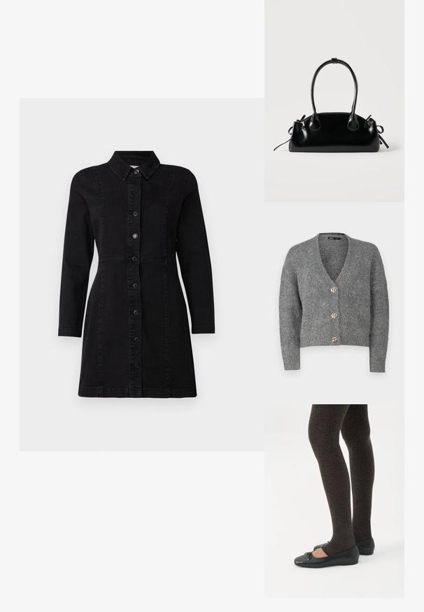 ONLY Petite ONLZOEY CARDIGAN - Vest - dark grey melange; Zwart denim jurk met een kraag, lange mouwen en knopen aan de voorkant. Heeft een getailleerd ontwerp met twee verticale naden en een licht uitlopende zoom.; Benen met donkere geribbelde leggings gecombineerd met zwarte ballerina's met kleine strikdetails op een witte achtergrond.; Kleine zwarte glanzende handtas met twee lange hengsels en zijkant trekkoord details op een effen lichte achtergrond.