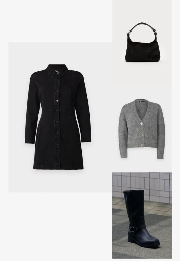 ONLY Petite ONLZOEY CARDIGAN - Strickjacke - dark grey melange; Schwarzes Jeanskleid mit Kragen, langen Ärmeln und Knopfverschluss auf der Vorderseite. Verfügt über ein tailliertes Design mit zwei vertikalen Nähten und einem leicht ausgestellten Saum.; Schwarzer Lederstiefel bis zur Mitte der Wade mit niedrigem Blockabsatz und dekorativem Riemen mit Metallschnalle um den Knöchel, auf einem gefliesten Gehweg.; Schwarze Kunstfell-Handtasche mit weicher Textur, runder Form und einem stabilen schwarzen Leder-Schulterriemen. Sichtbare silberne Hardware-Akzente.