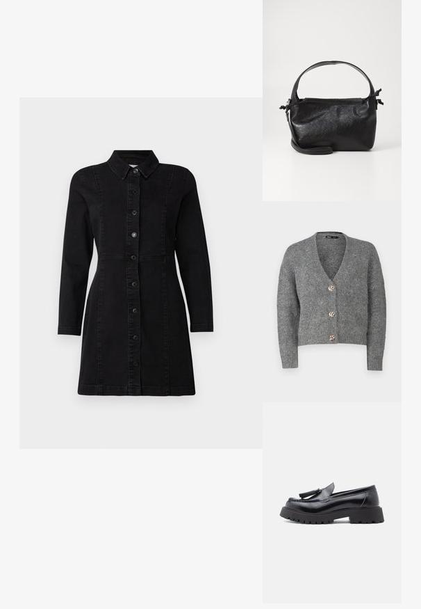 ONLY Petite ONLZOEY CARDIGAN - Kardigán - dark grey melange; Čierne džínsy šaty s golierom, dlhými rukávmi a prednými gombíkmi. Majú priliehavý strih s dvoma vertikálnymi švami a mierne rozšíreným lemom.; Čierne kožené mokasíny s zúženým dizajnom, ozdobou strapca a robustnou gumovou podrážkou s dezénom protišmyku.; Čierna kožená kabelka so štruktúrovaným dizajnom, okrúhlym horným uchom a odnímateľným ramenným popruhom. Má hladkú textúru a jemný lesk.