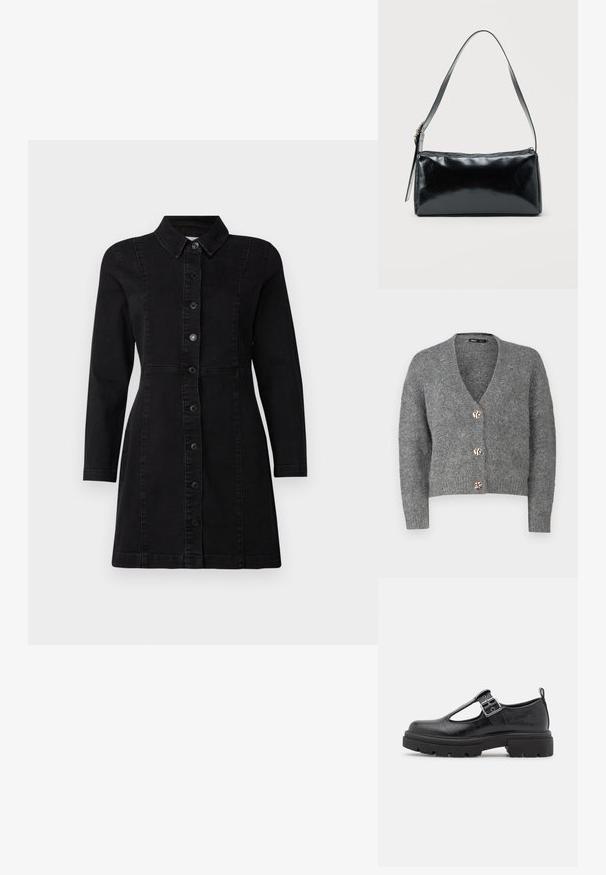 ONLY Petite ONLZOEY CARDIGAN - Vest - dark grey melange; Zwart denim jurk met een kraag, lange mouwen en knopen aan de voorkant. Heeft een getailleerd ontwerp met twee verticale naden en een licht uitlopende zoom.; Zwarte neplederen schoen met een krokodillenstructuur, ronde neus, enkelband met metalen gesp en een chunky rubberen zool.; Zwarte rechthoekige schoudertas met een enkele verstelbare band en een bovenste ritssluiting op een effen achtergrond.