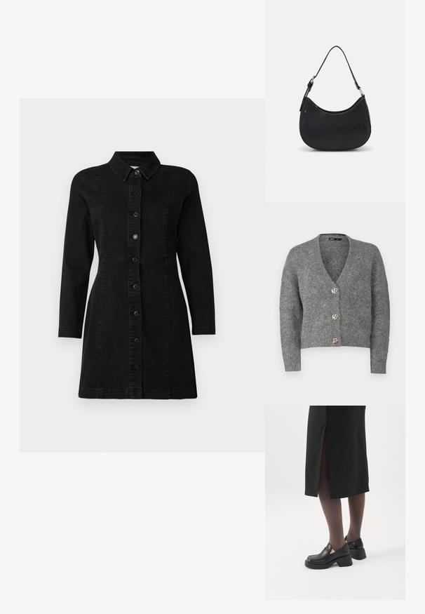 ONLY Petite ONLZOEY CARDIGAN - Kardigan - dark grey melange; Must musta kleit, millel on kraega kaelus, pikad varrukad ja esipaneelis nupud. Omab sobivat disaini kahe vertikaalse õmblusega ja kergelt laienevat hems.; Naine, kes kannab musta kõva kontsaga loafer-kingi, läbipaistvaid musti sukkpükse ja musta seelikut tagumise lõhikuga valgel taustal.; Must have musta kotka, valmistatud siledast nahast, kaarekujulise siluetiga, millel on üks reguleeritav sang ja minimaliseeritud disainielemendid.
