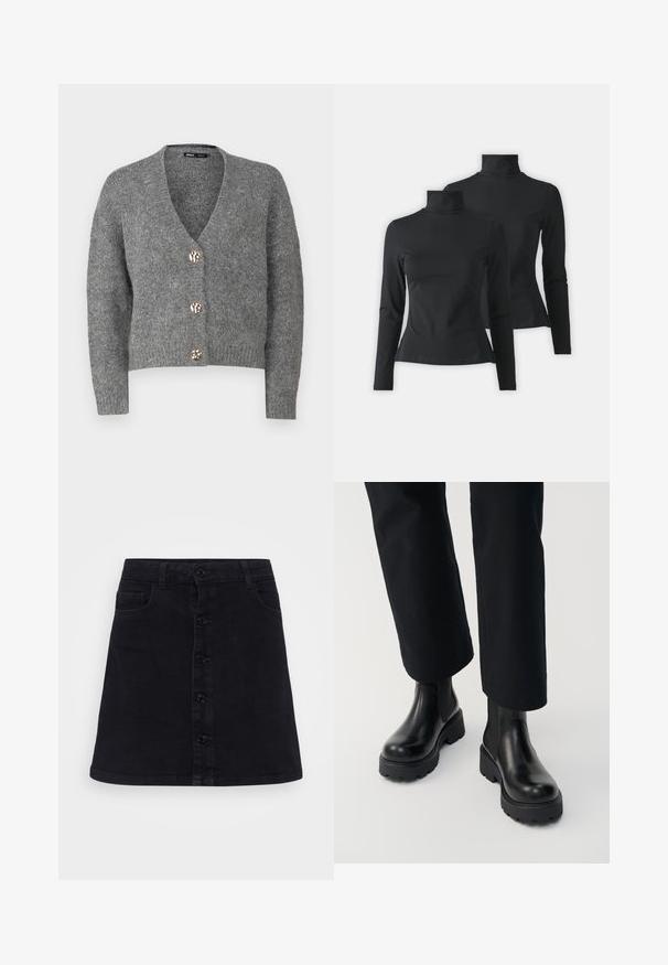 ONLY Petite ONLZOEY CARDIGAN - Strickjacke - dark grey melange; Zwei schwarze langärmelige Rollkragen-Shirts auf einfachem hellgrauem Hintergrund dargestellt.; Schwarzer Jeansrock mit geradem Schnitt, ausgestattet mit einer Knopfleiste vorne, zwei seitlichen Taschen und einer glatten Textur.; Person trägt schwarze Leder-Stiefeletten mit klobiger Sohle, kombiniert mit schwarzen Straight-Leg-Hosen vor weißem Hintergrund.