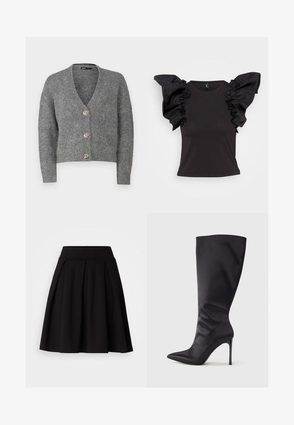 ONLY Petite ONLZOEY CARDIGAN - Kardigan - dark grey melange; Must have lühikeste varrukatega must topp, millel on volangidega satiinist õlavarre aksessuaarid ja ümar kaelus, valmistatud sujuvast, venivast materjalist.; Must mustriga mustriga seeliku, mis on valmistatud pehmest kangast, kõrge vöökoht ja laienev A-lõige, sobib erinevateks sündmusteks.; Mustad põlvekõrgused terava ninaga kontsakingad, mis on valmistatud siledast ja läikivast materjalist; kitsas sobivus ning kerge voltimise efekt pahkluu ümber; sädelev konts.
