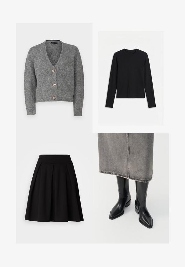 ONLY Petite ONLZOEY CARDIGAN - Vest - dark grey melange; Zwart, effen, nauwsluitend shirt met lange mouwen en ronde hals, afgebeeld tegen een witte achtergrond.; Zwarte geplooide rok gemaakt van zachte stof, met een hoge tailleband en een uitlopende A-lijn vorm, geschikt voor diverse gelegenheden.; Zwarte leren cowboylaarzen met een spitse neus en een dikke hak, met een gladde afwerking en een strak ontwerp, gecombineerd met een grijze rok.