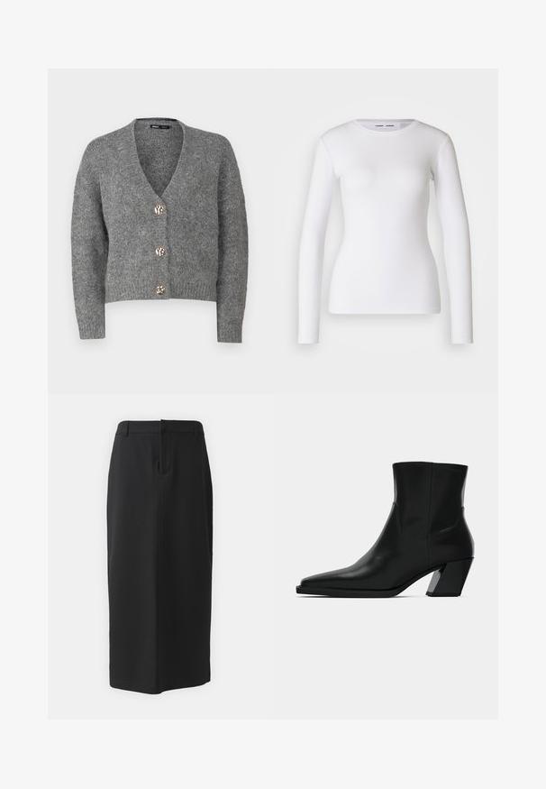 ONLY Petite ONLZOEY CARDIGAN - Kardigán - dark grey melange; Biely dlhý rukáv tričko vyrobené z rebrovanej látky, s okrúhlym výstrihom a priliehavým strihom. Neobsahuje vzory ani akcenty.; Čierna ceruzková sukňa po kolená, vyrobená z hladkej látky. Obsahuje rozparok na zadnej strane a bočné vrecká, má jednoduchý dizajn a neutrálne farby.; Čierna kožená členková topánka s špicatou špičkou, elegantným siluetou a masívnym štvorecovým podpätkom. Hladký povrch s minimálnymi švovými detailmi.