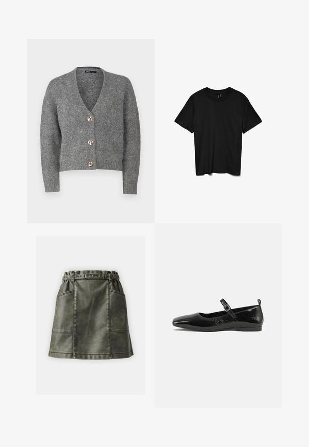ONLY Petite ONLZOEY CARDIGAN - Kardigan - dark grey melange; Must värviline lühikeste varrukatega ümara kaelusega t-särk, lihtsa disainiga, esitatud tasasel valgel taustal.; Roheline kunstnahast mini-seelik, millel on elastne vöökoht, vöölukud ja kaks esikotti. Sile tekstuur, millel on nähtavad õmbluste detailid.; Mustmust musta nahk king, millel on terav nina, pahkluu rihm koos pandlaga ja sile, läikiv tekstuur. Madal konts mugavuse tagamiseks.