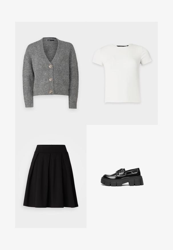 ONLY Petite ONLZOEY CARDIGAN - Strickjacke - dark grey melange; Weißes kurzärmeliges, geripptes Strick-T-Shirt mit Rundhalsausschnitt, dargestellt vor einem schlichten hellgrauen Hintergrund.; Schwarzer, plissierter Rock aus weichem Stoff, mit hohem Bund und ausgestellter A-Linienform, geeignet für verschiedene Anlässe.; Schwarze Lacklederloafer mit einer robusten schwarzen Plattformsohle und dekorativen Ösen. Glatte Textur mit runder Zehenpartie und Schnürdetail.