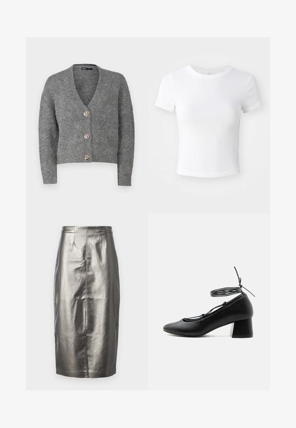 ONLY Petite ONLZOEY CARDIGAN - Kardigán - dark grey melange; Jednoduché biele tričko s krátkym rukávom a okrúhlym výstrihom, vystavené na neutrálnom svetlom pozadí.; Metalická strieborná sukňa v hladkom, lesklom materiáli. Má vysoký pás, zadný rozparok a stredový šev.; Čierna kožená topánka so stredným podpätkom, špicatou špičkou, krížovými remienkami a obopínajúcim viazaním okolo členku na bielom pozadí.
