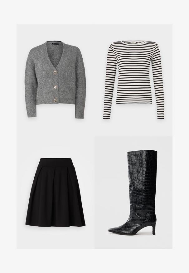 ONLY Petite ONLZOEY CARDIGAN - Kardigán - dark grey melange; Čierno-biely pruhovaný dlhý rukáv tričko s okrúhlym výstrihom a priliehavou rebrovanou textúrou. Vyvážená šírka pruhov po celej dĺžke.; Čierna plisovaná sukňa vyrobená z mäkkej tkaniny, s vysokým pásom a rozšíreným strihom A-line, vhodná na rôzne príležitosti.; Čierne čižmy po kolená s lesklým krokodílím vzorom, špicatou špičkou a zužujúcim sa opätkom. Hladký syntetický materiál.