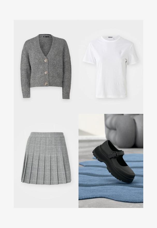ONLY Petite ONLZOEY CARDIGAN - Chaqueta de punto - dark grey melange; Camiseta blanca de manga corta hecha de una tela suave. Cuenta con un escote redondo y un corte recto, con una etiqueta en el cuello interior.; Falda plisada en tela gris con un patrón de cuadros. Presenta una pretina ajustada y múltiples pliegues verticales para un aspecto estructurado.; Zapato negro estilo Mary Jane con suela gruesa acanalada y correa con hebilla, sobre una alfombra azul texturizada con fondo desenfocado.