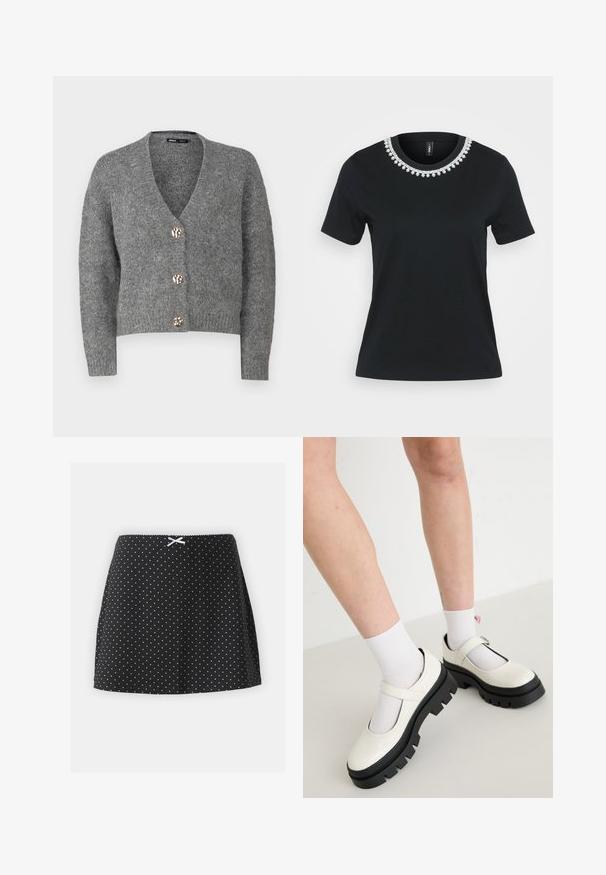ONLY Petite ONLZOEY CARDIGAN - Kardigán - dark grey melange; Čierne bavlnené tričko s krátkymi rukávmi a okrúhlym výstrihom. Obsahuje dekoratívny dizajn z korálikov na golieri, povrch je hladký.; Čierna sukňa s bielymi bodkami, s naťahovacím pásom a malou dekoratívnou stužkou vpredu. Krátky a rozšírený strih.; Biele lakované kožené topánky typu Mary Jane s robustnou čiernou podrážkou, s pásikom cez priehlavok a nosené s bielymi ponožkami.