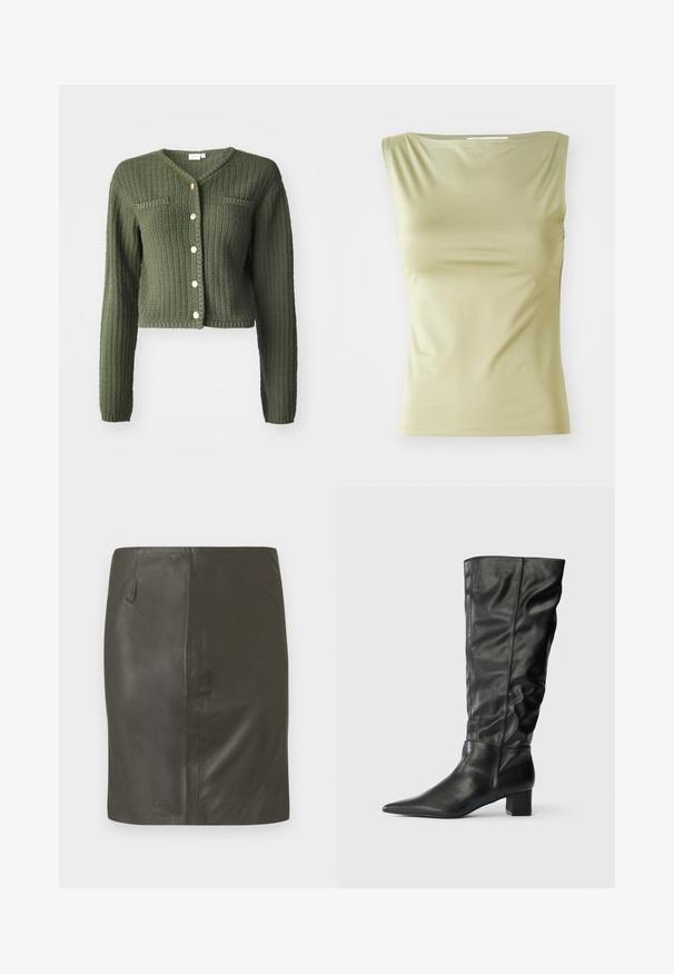 Cárdigan de punto verde oscuro con cuello en V, mangas largas y diseño corto. Cuenta con botones en la parte delantera y dos bolsillos en el pecho.; Top sin mangas de color verde claro, hecho de una tela suave, con un escote redondo y una silueta ajustada con costuras laterales sutiles.; Falda de cuero verde oscuro con textura suave, forma ajustada y un único bolsillo lateral. Diseño sencillo sin herrajes visibles ni patrones.; Botas de cuero negras hasta la rodilla que presentan una punta afilada, un eje caído y un tacón cuadrado. Textura suave con costuras mínimas visibles.