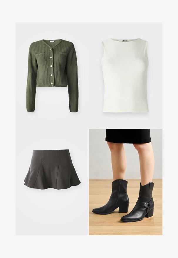 Cárdigan de punto verde oscuro con cuello en V, mangas largas y diseño corto. Cuenta con botones en la parte delantera y dos bolsillos en el pecho.; Top blanco sin mangas hecho de tela suave, con un escote redondeado y bordes limpios, con una silueta ajustada. Etiqueta de la marca visible.; Falda negra acampanada con una cintura ajustada, que presenta costuras verticales y una textura suave. El dobladillo es ligeramente curvado y queda por encima del muslo.; Botines de cuero negro con punta afilada, cierre de cremallera, tacón curvado y una correa decorativa con detalles metálicos.