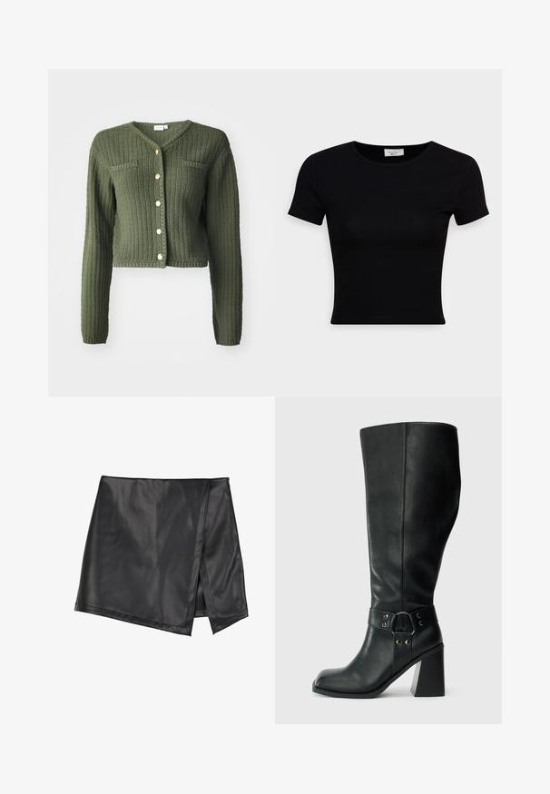 Mørkegrøn strikket cardigan med V-udskæring, lange ærmer og cropped design. Har frontknapper og to brystlommer.; Sort kortærmet t-shirt lavet af glat bomuldsstof, med rund halsudskæring og en tætsiddende pasform. Minimalistisk uden synlige mønstre.; Even&Odd by Zalando Mini skirts - black; Knæhøje sorte læderstøvler med firkantet tå, bred hæl og en dekorativ rem med metalaccenter omkring anklen. Glat tekstur.