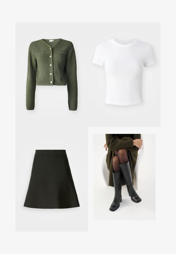Cárdigan de punto verde oscuro con cuello en V, mangas largas y diseño corto. Cuenta con botones en la parte delantera y dos bolsillos en el pecho.; Camiseta corta de manga corta blanca, con cuello redondo, exhibida sobre un fondo neutral claro.; Falda negra en corte A con cinturilla ajustada, textura lisa y ligero vuelo en el dobladillo sobre un fondo claro.; Botas de cuero negro hasta la rodilla con puntera cuadrada y tacón de bloque, presentadas con un modelo sentado en un abrigo verde oliva. Textura suave, mínimo detalle.