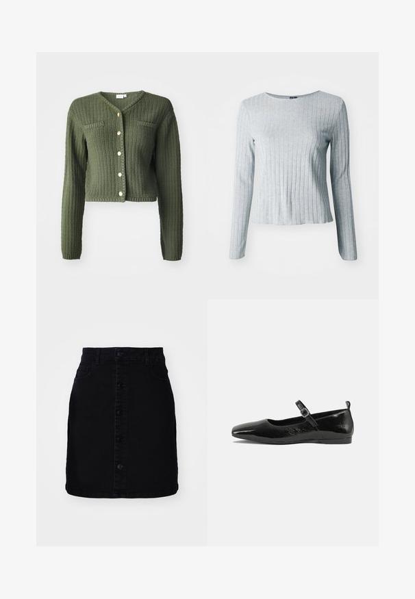 Mørkegrøn strikket cardigan med V-udskæring, lange ærmer og cropped design. Har frontknapper og to brystlommer.; Grå ribbet langærmet bluse med rund halsudskæring, lavet af blødt tekstureret stof; har en let udvidet kant for en afslappet pasform.; Sort denimnederdel med frontknaplukning, to lommer, lige pasform og en ren kant. Fremstillet af et kraftigt stof med en glat tekstur.; Sorte patentlæder flade sko med spidse tæer, en ankelrem med spænde og en glat, blank tekstur. Lav hæl for komfort.
