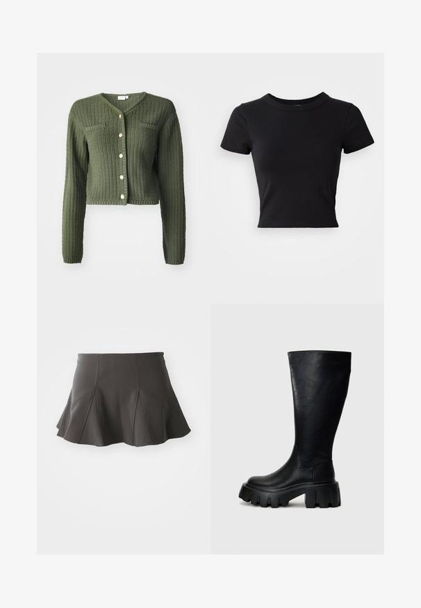 Mørkegrøn strikket cardigan med V-udskæring, lange ærmer og cropped design. Har frontknapper og to brystlommer.; Sort cropped t-shirt lavet af solid bomuld, med korte ærmer og rund halsudskæring, med et glat og enkelt design.; Sort flared nederdel med en tætsiddende talje, der har lodrette syninger og en glat tekstur. Sømmen er let buet og går lige over midten af låret.; Sorte knæhøje støvler lavet af glat læder med en kraftig sål, der har en rund tå, elastiske sidepaneler og en subtil syning.