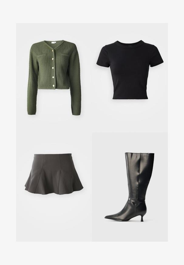 Mørkegrøn strikket cardigan med V-udskæring, lange ærmer og cropped design. Har frontknapper og to brystlommer.; Sort cropped t-shirt lavet af solid bomuld, med korte ærmer og rund halsudskæring, med et glat og enkelt design.; Sort flared nederdel med en tætsiddende talje, der har lodrette syninger og en glat tekstur. Sømmen er let buet og går lige over midten af låret.; Sort knæhøj læderstøvle med spids tå og lav kittenhæl, vist på en enkel lys baggrund.