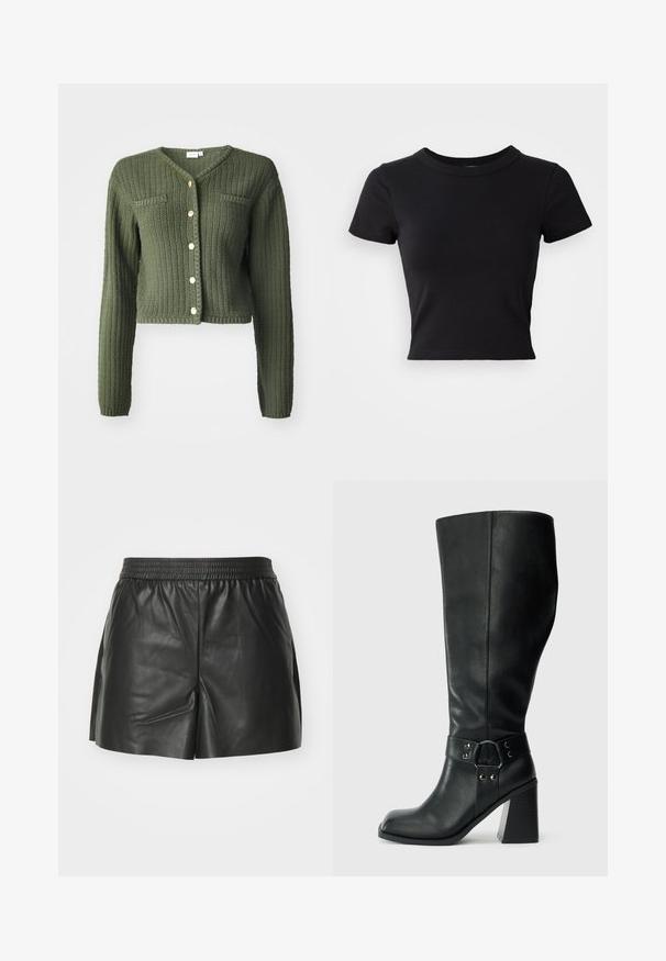 Cárdigan de punto verde oscuro con cuello en V, mangas largas y diseño corto. Cuenta con botones en la parte delantera y dos bolsillos en el pecho.; Camiseta corta negra hecha de algodón sólido, con mangas cortas y un cuello redondo, de diseño suave y sencillo.; Pantalones cortos de cuero negro con cintura elástica, diseño a medida y aberturas laterales para mayor libertad de movimiento y ventilación. Textura suave.; Botas de cuero negro hasta la rodilla con puntera cuadrada, tacón ancho y una correa decorativa con acentos metálicos alrededor del tobillo. Textura suave.