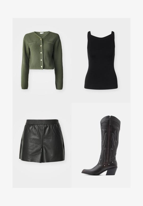 Mørkegrøn strikket cardigan med V-udskæring, lange ærmer og cropped design. Har frontknapper og to brystlommer.; Sort ribstrikket ærmeløs tanktop med brede stropper og lige halsudskæring, figursyet silhouet på lys grå baggrund.; Sorte lædershorts med elastisk talje, skræddersyet design og sideslidser for øget bevægelse og ventilation. Glat tekstur.; Brune læder cowboystøvler med flammebroderi, sidelukning med lynlås, sølvnitter, spids snude og lagdelt hæl.