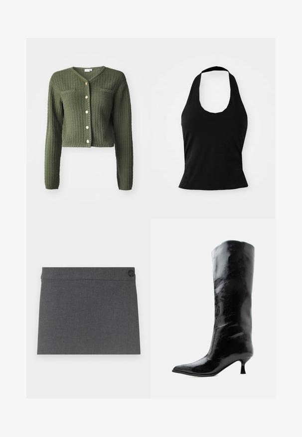 Mørkegrøn strikket cardigan med V-udskæring, lange ærmer og cropped design. Har frontknapper og to brystlommer.; Sort halterneck top lavet af blød stof, med en scoop halsudskæring og en tætsiddende silhuet, med en glat tekstur og uden synlige mønstre.; Grå stoffedragt med en glat overflade, lige design og en enkelt sort knap i taljen, med en ren og simpel æstetik.; Sort skinnende knæhøj læderstøvle med spids tå og lav buet hæl på en ensfarvet lys baggrund.